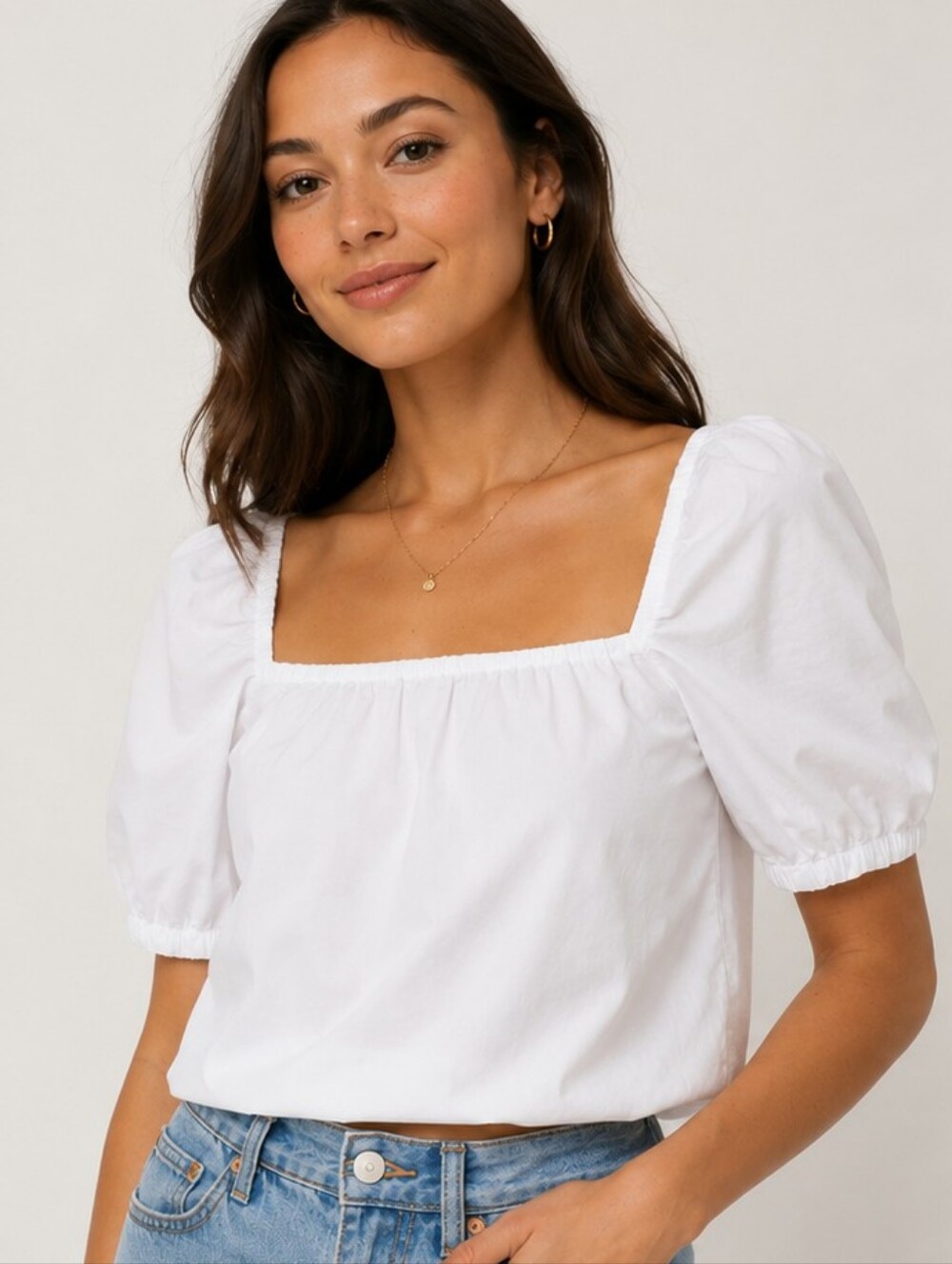 H&M White Square-Neck Puff Sleeve Crop Top